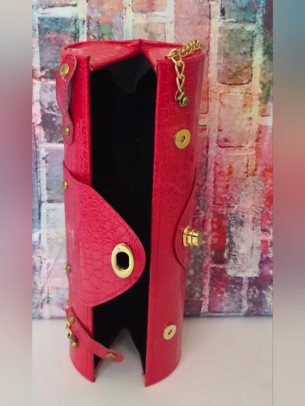 Bottle Carrier Cylinder Bag Croc-Texture W/ Gold Hardware